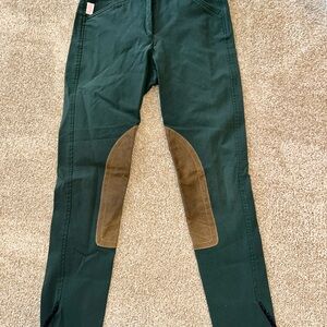 Green Riding Pants with Brown Patches
